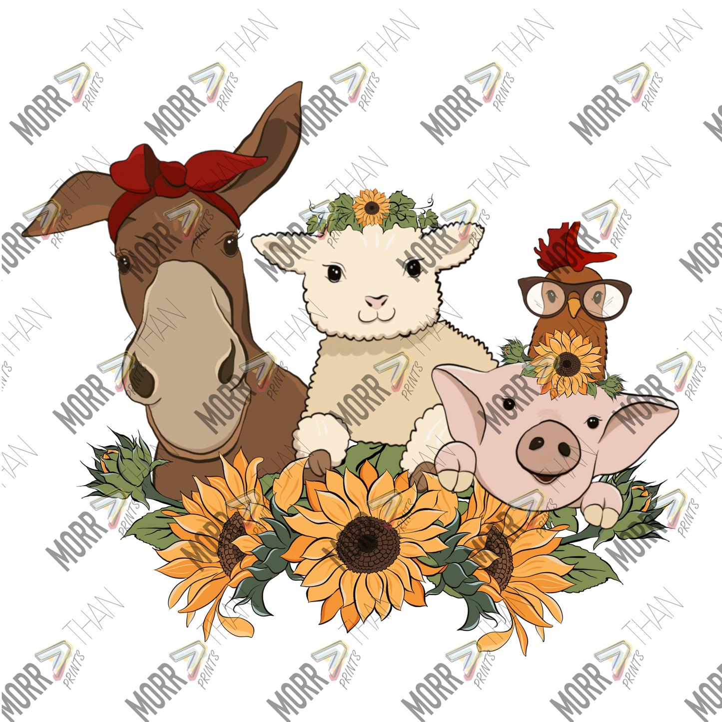 Cartoon Farm Animals and Sunflowers