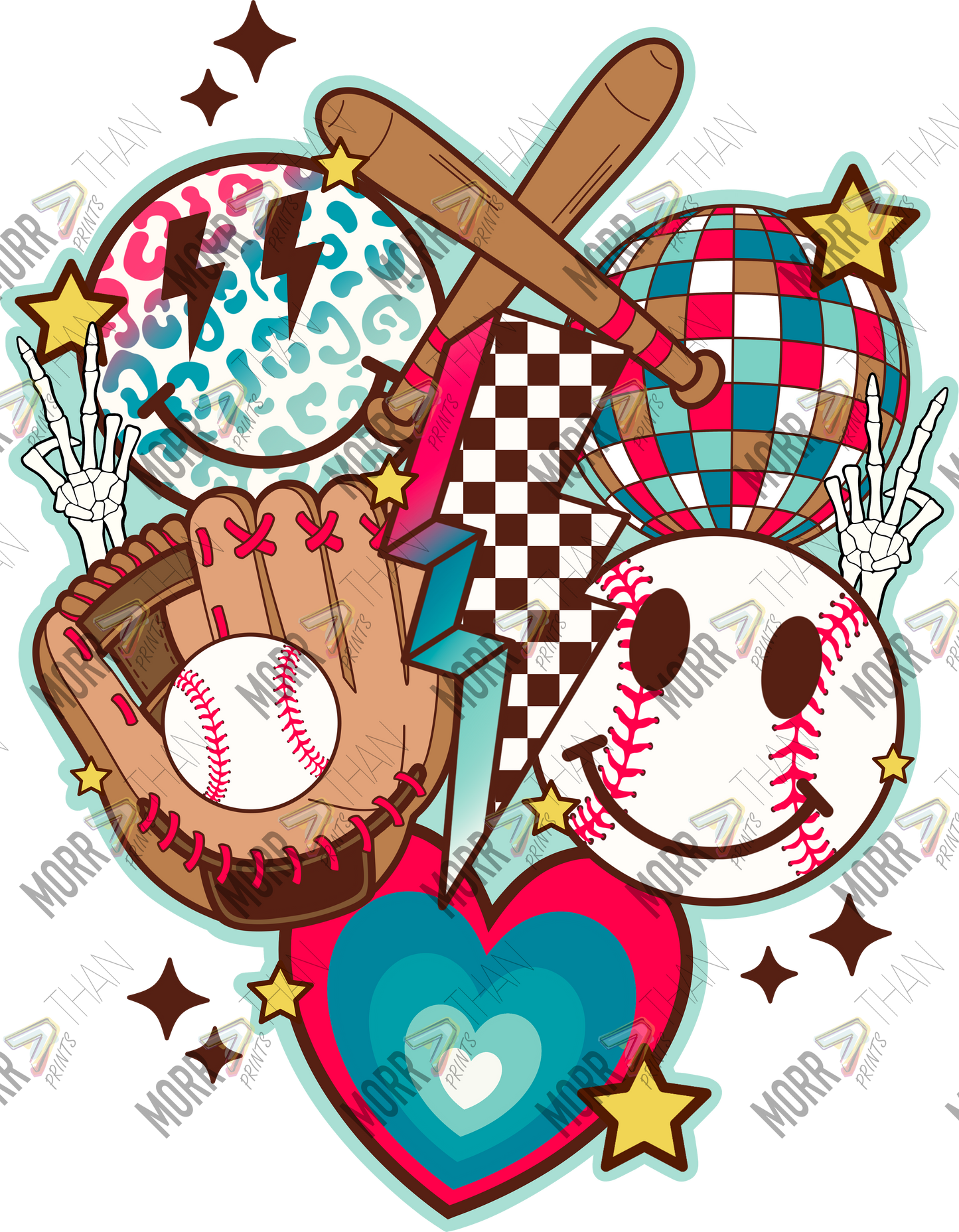 Baseball Smiley Collage DTF Print