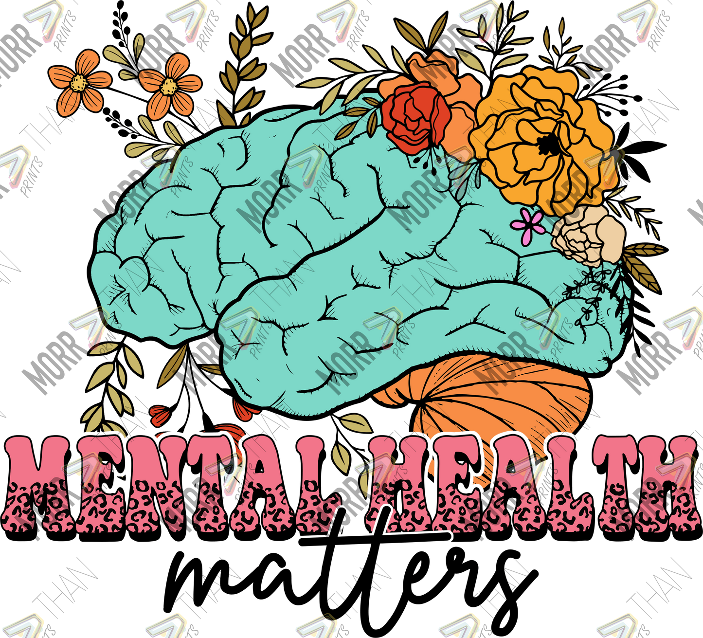 Mental Health Matters Teal Floral Brain