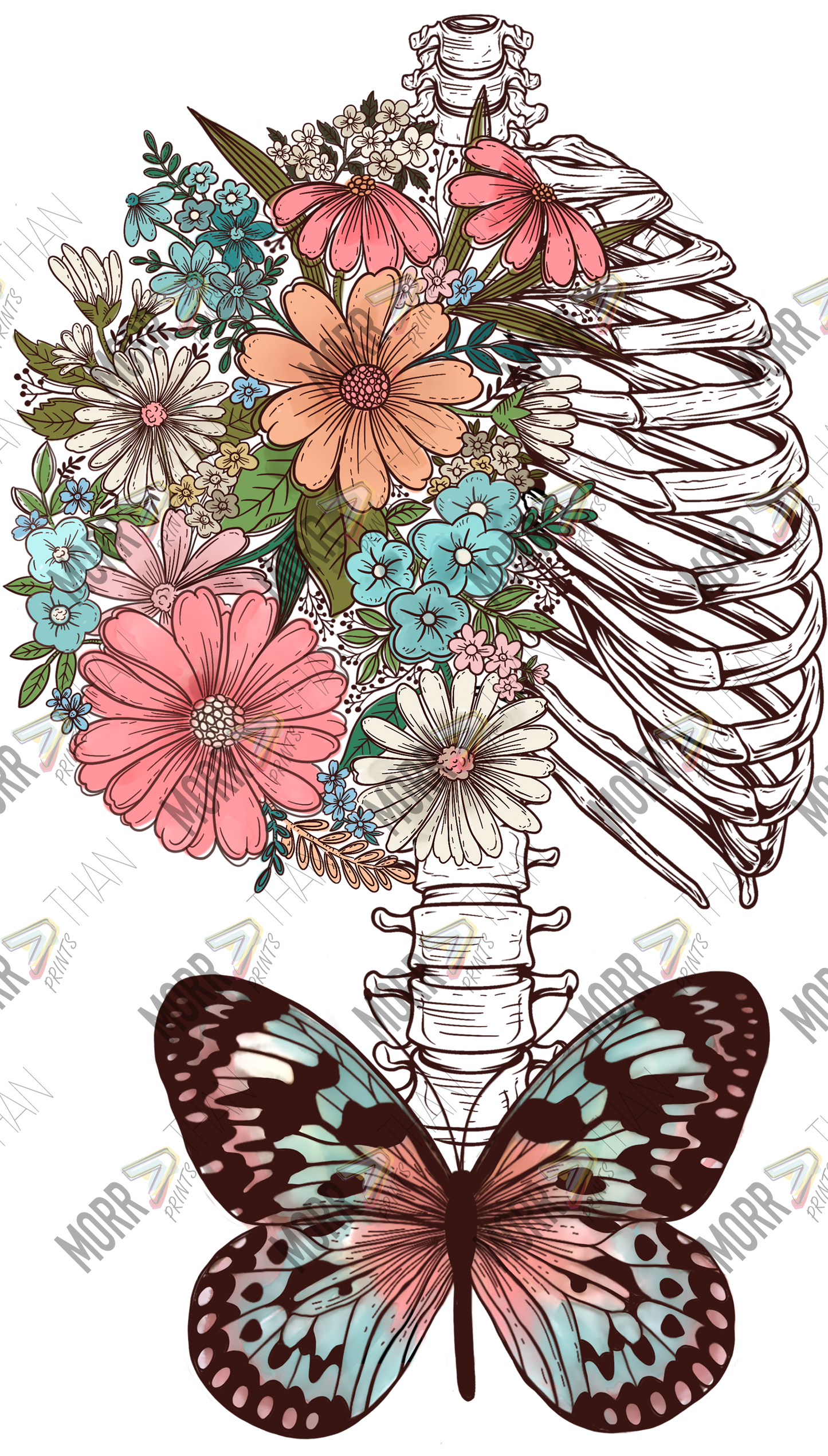 Butterfly Floral Spine and Lungs DTF Print